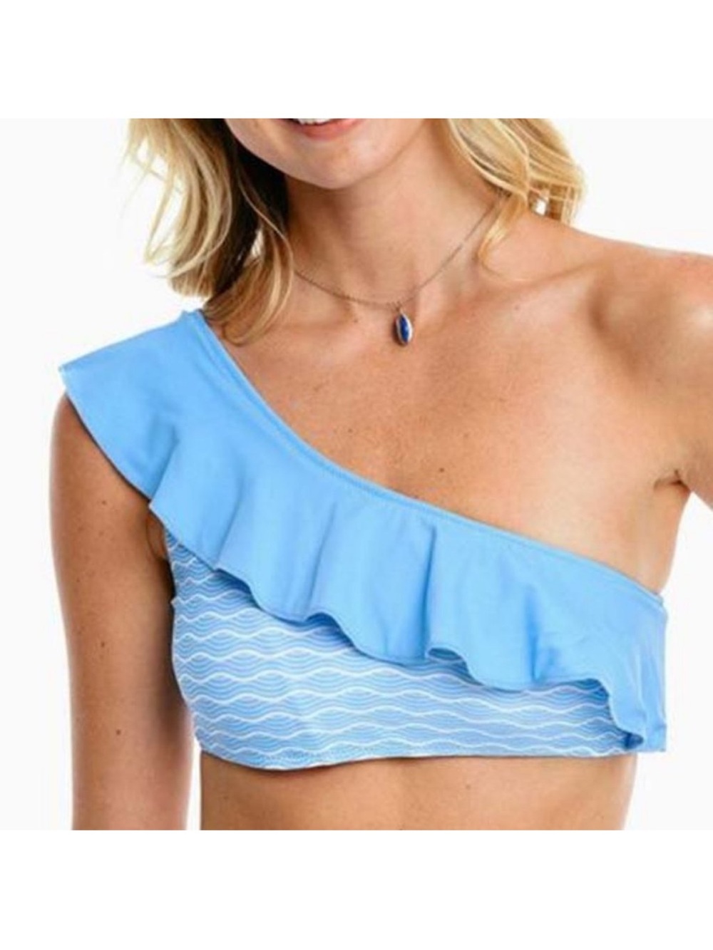 Southern Tide Light Blue One-Shoulder Ruffle Bikini Top